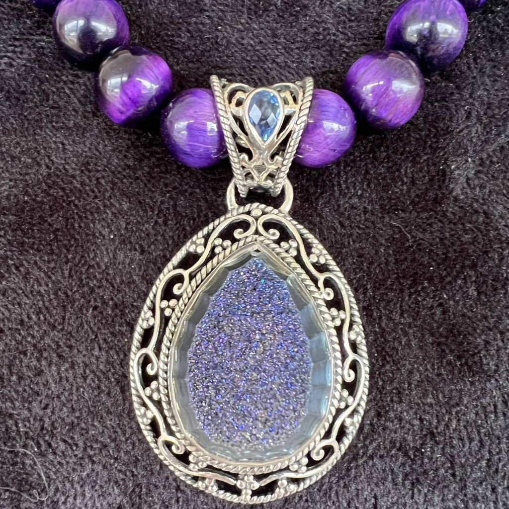 Lovely Sajen Purple Drusy Quartz Pendant On Purple Tiger Eye Beaded Necklace 89$